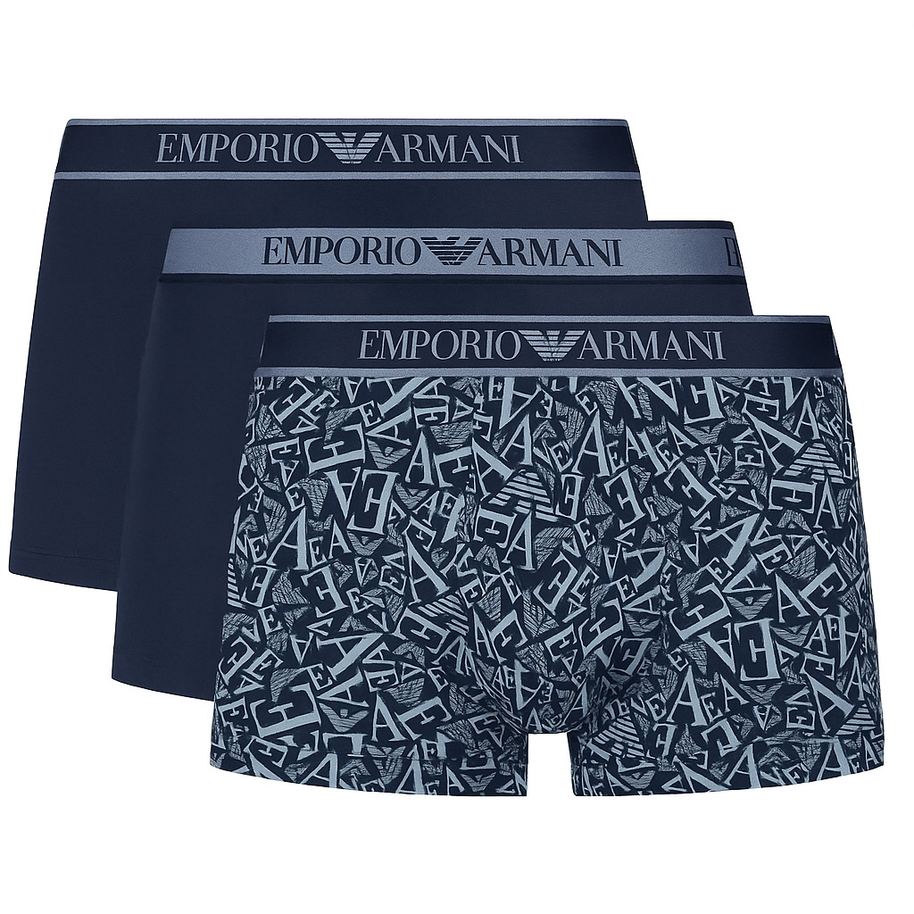 Armani boxers - trunk 3-pack met Logoband en print blauw